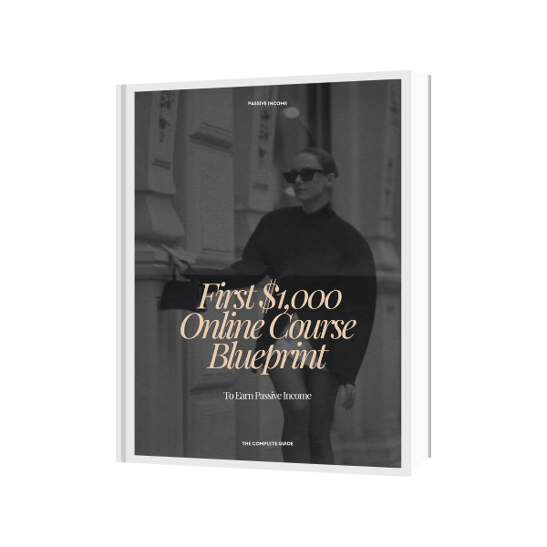 Book cover with text 'First $1,000 Online Course Blueprint' and a person in sunglasses.